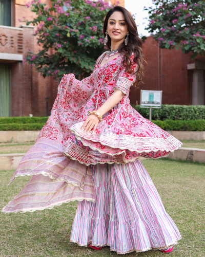Shamita Shetty in a pink sharara suit by Bhumika Grover. | Fashionworldhub